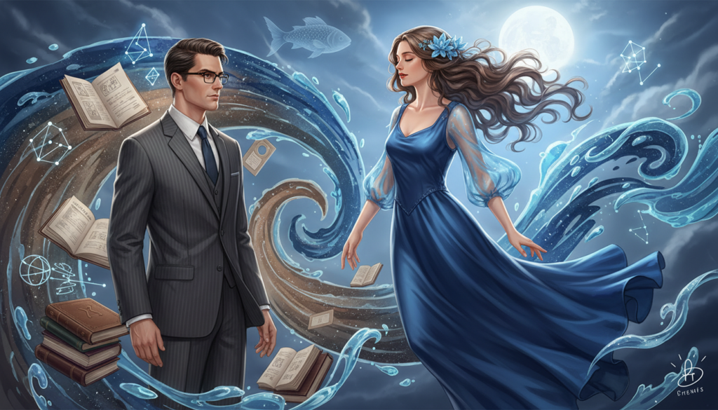 A captivating illustration depicting the emotional dynamic between Virgo and Pisces. In the foreground, a Virgo figure, characterized by analytical expressions, stands resolutely, surrounded by symbols of order and precision, like books and tools. In contrast, a Pisces figure floats gracefully beside them, embodying creativity and fluidity, adorned with dreamlike water motifs. The middle ground features swirling cosmic elements representing their complementary nature, blending earth and water themes. In the background, a serene night sky filled with constellations creates a tranquil atmosphere, illuminated by soft, diffused moonlight. The mood balances tension and harmony, suggesting a deep emotional connection. The scene is shot from a gentle angle, enhancing the sense of movement and interaction between the two figures. Ensure all subjects wear stylish business attire, reflecting professionalism and sophistication.