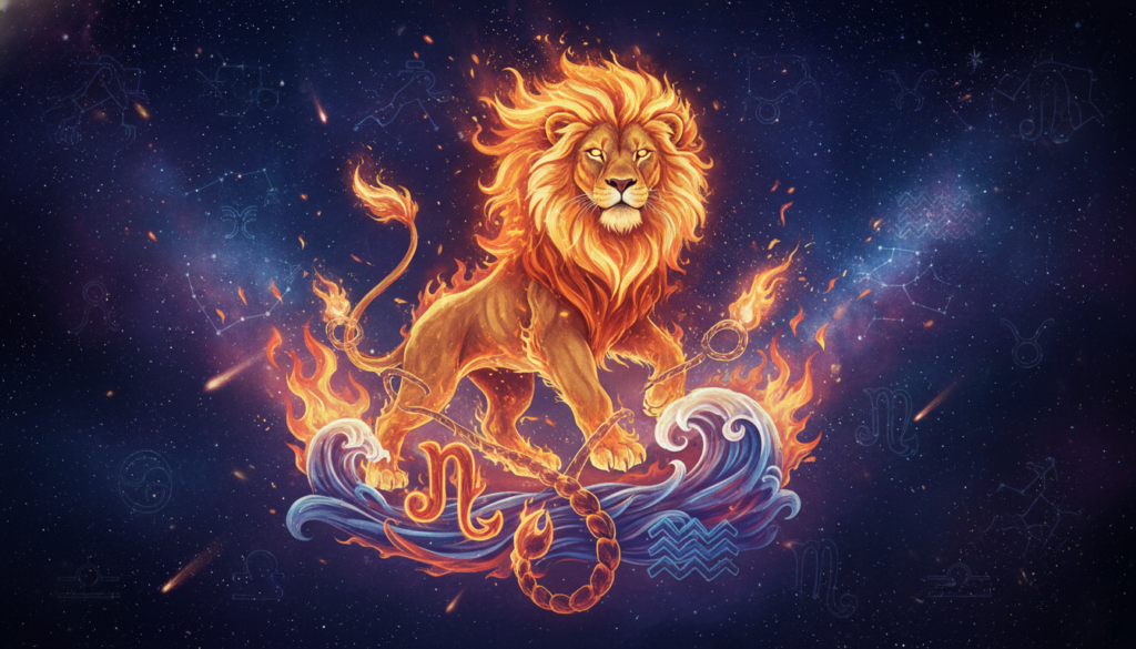 A captivating illustration of the zodiac signs, specifically emphasizing Leo and its most explosive combinations. In the foreground, depict the Leo symbol, a majestic lion with a radiant mane, surrounded by elements of fire to signify passion and intensity. In the middle layer, include other zodiac symbols like Scorpio and Aquarius, entwined with dynamic lines or flames that represent attraction and conflict. The background should feature a starry night sky, casting a mystical glow over the scene, with soft, ethereal lighting highlighting the signs. Use a wide-angle perspective to create depth, evoking a mood of both allure and tension. The overall atmosphere should feel enchanting yet dramatic, reflecting the complex relationships of these astrological signs.