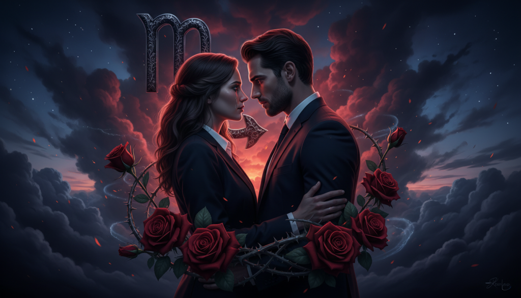 A captivating representation of emotional intensity in love, featuring a powerful Scorpio symbol intertwined with deep red roses, symbolizing passion. In the foreground, a couple stands close, their faces expressing deep connection and fervent emotions, both dressed in elegant, professional attire. The middle ground showcases swirling, dark clouds hinting at the tumultuous nature of Scorpio’s intensity. The background features a moody twilight sky, with a hint of stars peeking through. The lighting is dramatic, casting deep shadows and highlights on the couple, enhancing the sense of urgency and transformation. The atmosphere is charged with powerful energy, reflecting the transformative nature of love and emotions. The overall composition captures the intensity, commitment, and deep emotions associated with Scorpio in love, inviting viewers into the depth of the experience.