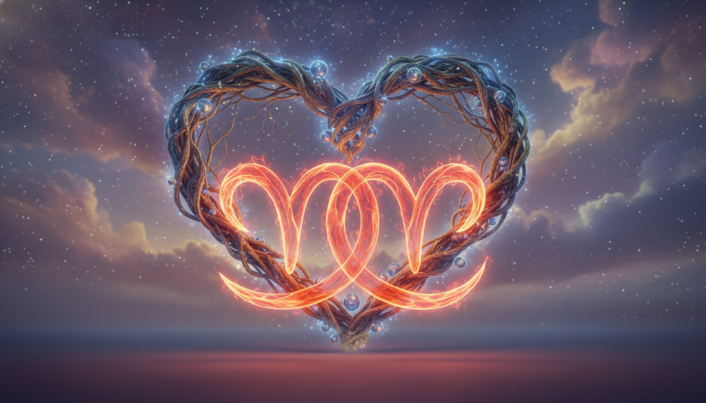 A captivating, symbolic representation of compatibility, focusing on a match. In the foreground, two entwined, glowing zodiac symbols of Aries, depicted in warm tones of red and orange to represent passion and intimacy. The middle layer features an abstract heart shape subtly formed by intertwining branches and cosmic elements, accentuating connection. In the background, a dreamlike starry sky with soft ethereal clouds, creating a sense of mystery and allure, implies universal love and compatibility. Soft, radiant lighting enhances the warm colors, casting gentle shadows to emphasize depth. The mood should be romantic and mystical, invoking feelings of passion and a deep connection between partners. The composition should be crisp, using a slight bokeh effect to draw focus to the foreground elements while maintaining a harmonious balance.
