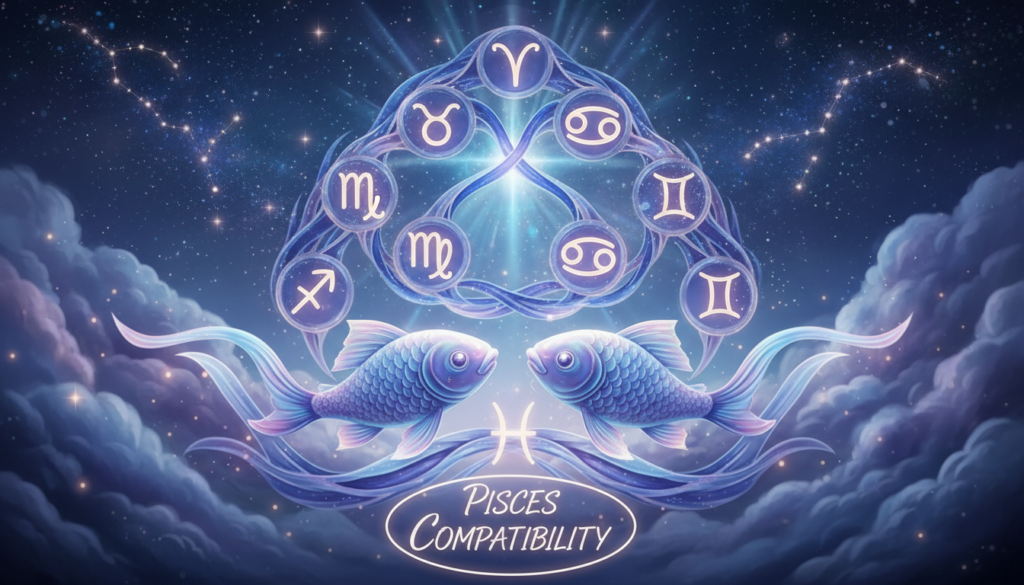 A celestial and mystical representation of Pisces compatibility, featuring the twelve zodiac signs creatively interconnected in a harmonious design. In the foreground, two stylized fish symbolizing Pisces swim gracefully toward each other, surrounded by swirling water patterns that reflect their emotional depth and intuition. In the middle ground, softly glowing symbols of compatible signs, such as Taurus and Scorpio, are intertwined with flowing ribbons of light, signifying energetic matches and bonding. The background showcases a dreamy night sky filled with twinkling stars and constellations, casting a serene light over the scene. The atmosphere is ethereal and enchanting, evoking a sense of connection and energy flow among the signs, using soft blue and purple hues to enhance the magic of the moment, with gentle lighting illuminating the symbols for a radiant effect.
