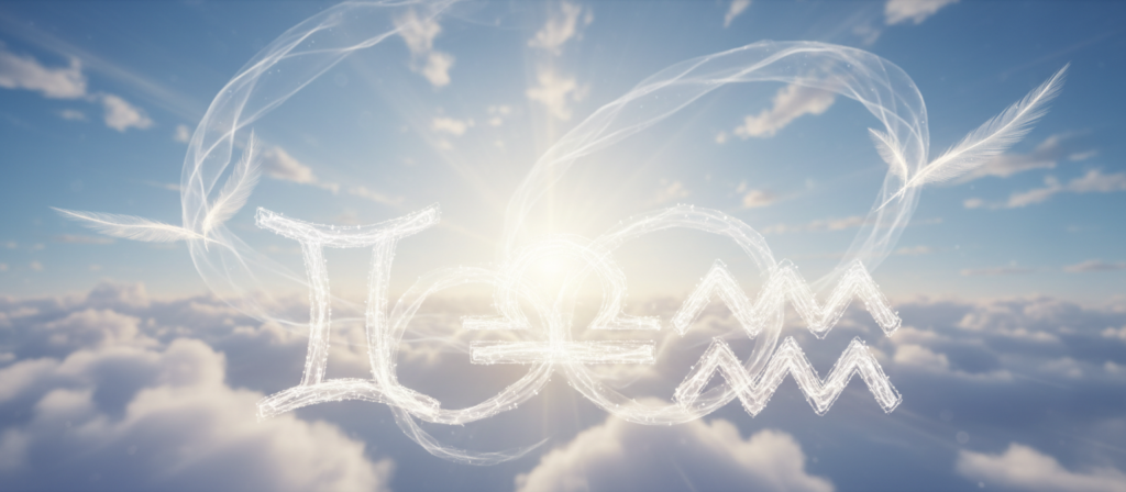 A celestial representation of the "signo aire," symbolizing air signs in astrology, with a focus on Gemini. In the foreground, elegantly designed astrological symbols for Gemini, Libra, and Aquarius, intricately intertwined among ethereal clouds. The middle ground features a luminous, soft blue sky illuminated by warm, golden sunlight filtering through delicate wisps of clouds. In the background, abstract representations of air elements, such as feathers and swirling breezes, create an uplifting atmosphere. The overall mood is harmonious and tranquil, emphasizing the compatibility and fluidity of air signs in relationships. The scene should have a serene and dreamlike quality, captured with a soft focus lens to enhance the enchanting ambiance.