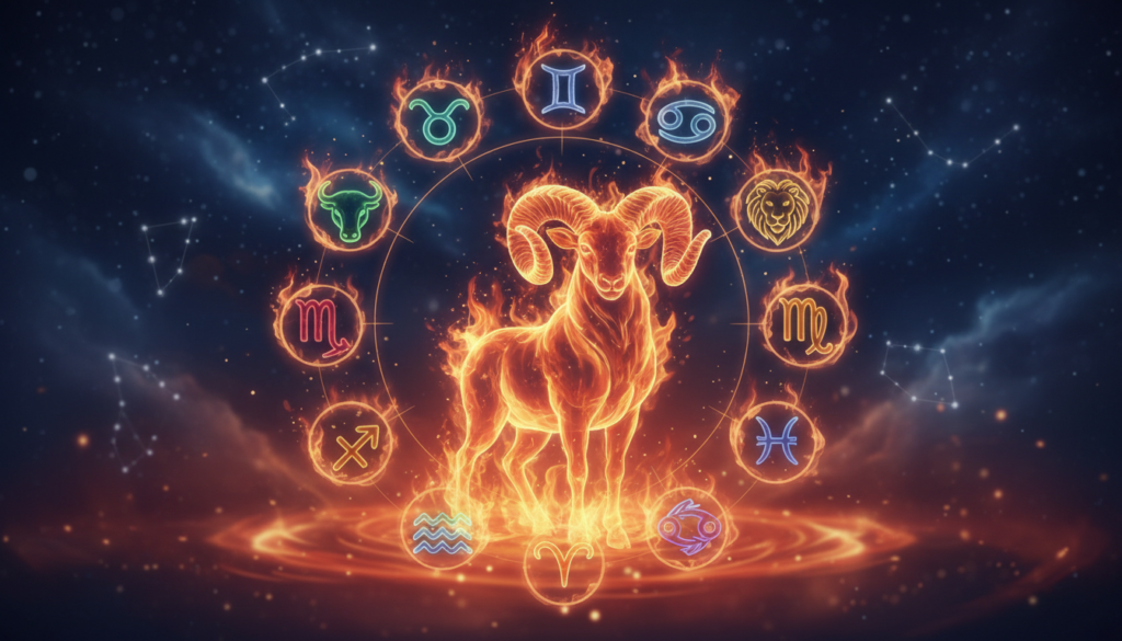 A celestial scene depicting the compatibility of Aries with the twelve zodiac signs, featuring vibrant astrological symbols intertwined with flames that represent passion and energy. In the foreground, a glowing representation of Aries, symbolized by a ram, stands boldly among ethereal flames. In the middle ground, the other zodiac signs—Taurus, Gemini, Cancer, Leo, Virgo, Libra, Scorpio, Sagittarius, Capricorn, Aquarius, and Pisces—are artistically arranged in a circle, each with their own unique colors and symbols, gently illuminated by the warm, flickering light of the flames. The background is a starry night sky, adding depth and a mystical ambiance to the scene, with soft, glowing constellations shining down, enhancing the intimate and harmonious mood of astrological compatibility. Use soft focus for a dreamy effect, with a warm color palette dominated by reds, oranges, and golds.