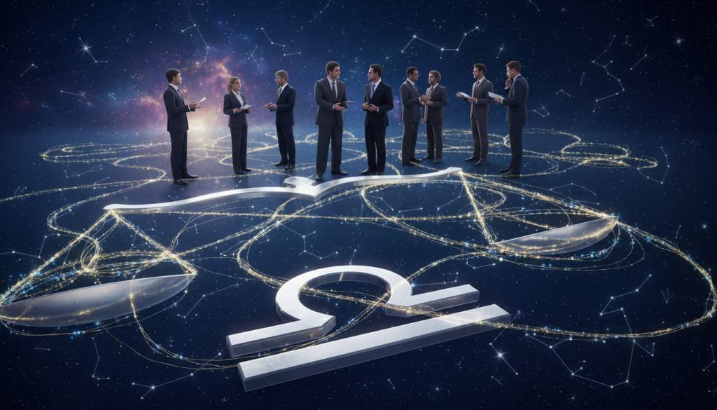 A celestial scene depicting the concept of "Destiny Connections," featuring a Libra zodiac symbol at the forefront, intricately intertwined with ethereal threads of light representing karmic bonds. In the foreground, delicate scales of Libra gleam under soft moonlight, symbolizing balance and harmony. The middle layer showcases figures of diverse people dressed in professional business attire, engaging in thoughtful interaction, embodying growth and connection. The background features a starry night sky filled with constellations, radiating a mystical ambiance. Soft, ethereal lighting casts gentle shadows, creating a serene and introspective mood. The camera angle is slightly tilted upward, inviting viewers to immerse themselves in the connections that lead to personal growth and destiny.