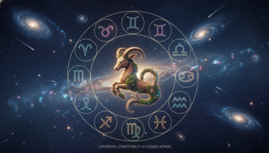 A celestial scene depicting the twelve zodiac signs, focusing on Capricorn and its compatibility with others. In the foreground, an intricately designed Capricorn symbol with an earthy color palette, surrounded by soft glowing lights. The middle layer features the remaining eleven zodiac signs, each represented by unique symbols against a starry night sky, subtly illuminated to blend harmoniously. The background showcases a cosmic landscape with swirling galaxies and twinkling stars, creating a mystical atmosphere. The lighting is soft and ethereal, giving a serene yet intriguing vibe. The composition should emphasize unity and connection among the signs, inviting exploration of their relationships, while maintaining a professional and visually appealing aesthetic.