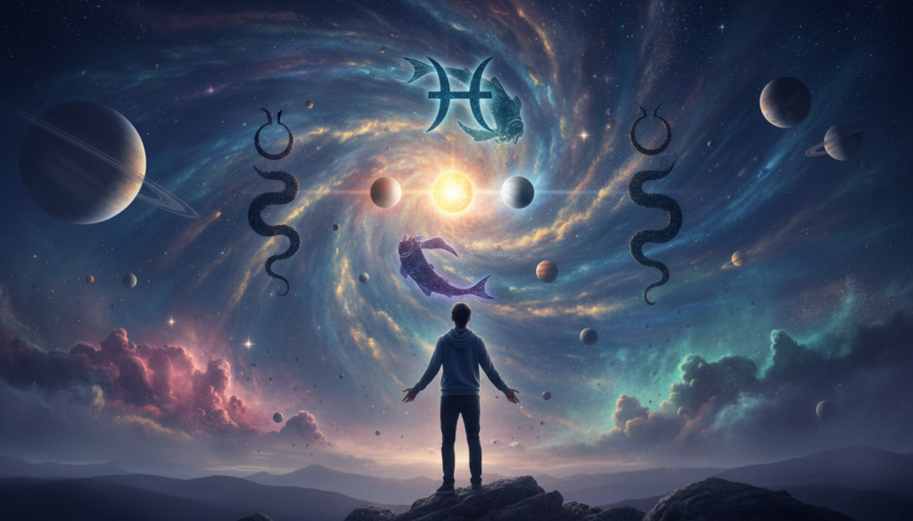 A celestial scene illustrating the astrological transits of Pisces, prominently featuring the Sun, Venus, Mercury, and the nodes of fate in the night sky. In the foreground, a person gazes upwards in awe, dressed in modest casual clothing, capturing the wonder of cosmic alignments. The middle ground showcases a vibrant sky filled with dynamic constellations and swirling galaxy colors—deep blues, purples, and shimmering golds—symbolizing the mystical connections of destiny. In the background, distant planets and swirling nebulae add depth and intrigue. The lighting is soft yet ethereal, creating a mystical atmosphere. The perspective is wide-angle, inviting viewers to feel immersed in the cosmic beauty, underscoring the theme of karmic connections and spiritual journeys.
