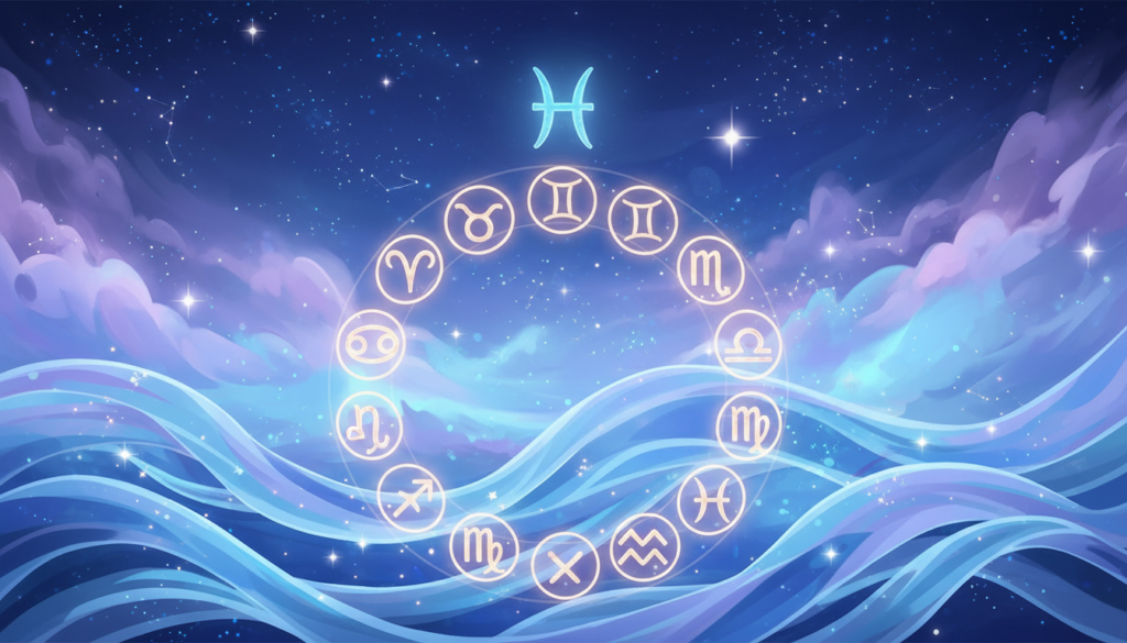 A celestial-themed illustration of friendship compatibility featuring Pisces and other zodiac signs. In the foreground, depict a vibrant and harmonious circle of the twelve zodiac symbols, glowing softly. In the middle ground, show intertwining ethereal waves representing water (Pisces' element), with stars twinkling gently around them. The background should radiate a dreamy night sky, with soft purple and blue hues blending seamlessly, providing an enchanting atmosphere. Use soft, diffused lighting to create a warm and inviting ambiance, as if the viewer is gazing into an astrological cosmos. The angle should be slightly elevated to capture the symbolic elements clearly and reflect a sense of unity among the signs. The overall mood should be serene and uplifting, emphasizing connection and compatibility in friendships.