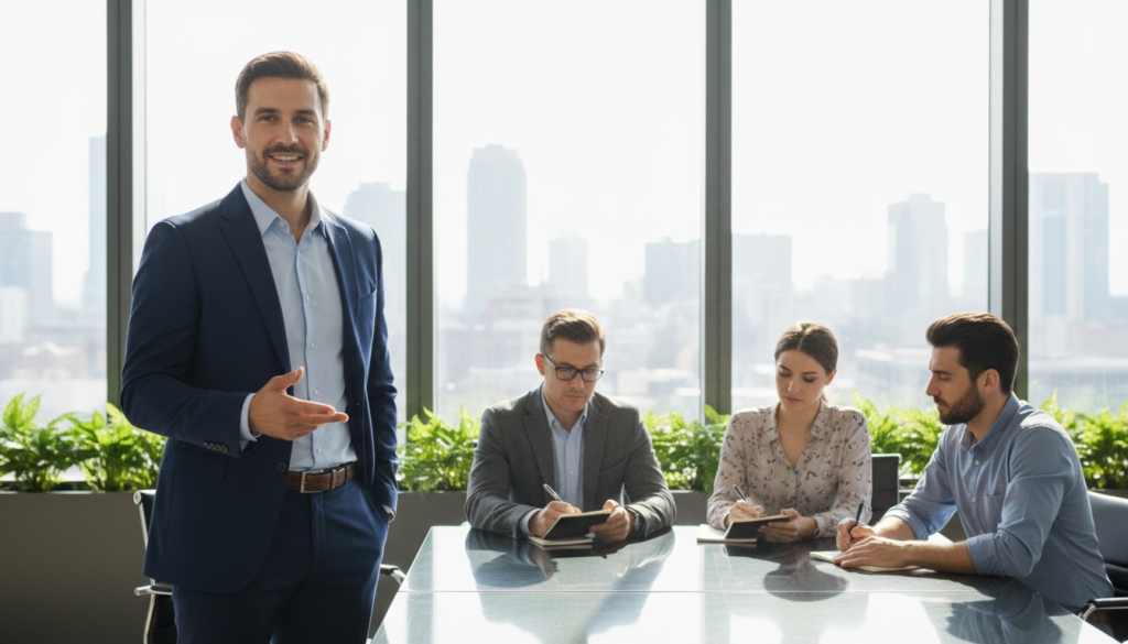 A charismatic business leader confidently stands at the forefront, engaging in an inspiring discussion with colleagues in a modern office setting. The foreground captures the leader in a fitted, professional suit, exuding confidence and poise, with a warm smile that reflects openness. In the middle ground, diverse team members attentively listen and take notes, showcasing collaboration and connection. The background features large windows letting in natural light, illuminating the space and creating a vibrant atmosphere. The lighting is bright yet soft, enhancing the sense of encouragement and teamwork. The scene evokes an atmosphere of motivation and empowerment, highlighting the strength of leadership in a professional environment.