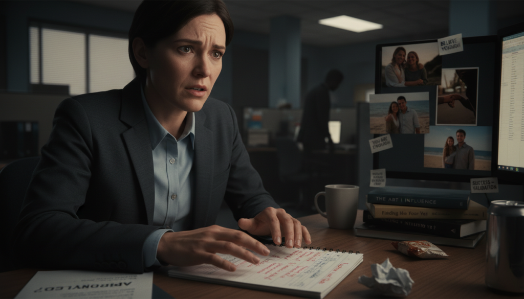 A close-up of a person sitting at a desk, dressed in professional business attire, with a look of anxiety and longing for approval. The foreground features their hands nervously tapping on a notepad filled with notes and checkmarks, symbolizing their quest for validation. In the middle ground, a cluttered desk is surrounded by motivational quotes and photographs of significant relationships, depicting emotional dependency. The background shows a dimly lit office with shadows that suggest pressure and negativity, highlighting the emotional turmoil. Soft, dramatic lighting casts a gentle glow on the person's face, emphasizing their reflective expression. The mood is contemplative and tense, capturing the essence of needing approval within a complex emotional landscape. A close-up of a person sitting at a desk, dressed in professional business attire, with a look of anxiety and longing for approval. The foreground features their hands nervously tapping on a notepad filled with notes and checkmarks, symbolizing their quest for validation. In the middle ground, a cluttered desk is surrounded by motivational quotes and photographs of significant relationships, depicting emotional dependency. The background shows a dimly lit office with shadows that suggest pressure and negativity, highlighting the emotional turmoil. Soft, dramatic lighting casts a gentle glow on the person's face, emphasizing their reflective expression. The mood is contemplative and tense, capturing the essence of needing approval within a complex emotional landscape.