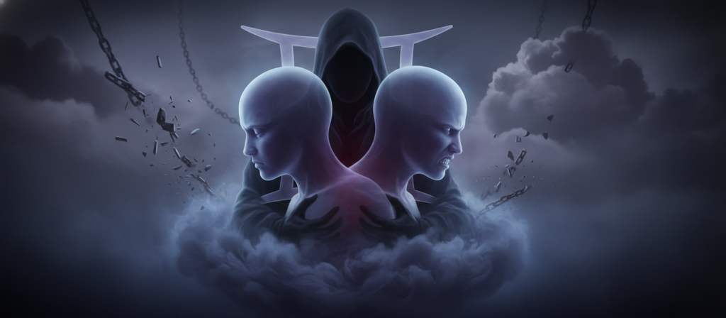 A close-up portrait of a Gemini symbol intertwined with a shadowy figure reflecting resentment, illuminated by soft, dramatic lighting. The foreground features the Gemini twins, depicted as ethereal silhouettes with expressive faces, one showing contemplation and the other exhibiting a frown. In the middle ground, a swirling mist evokes a sense of emotional turmoil, hinting at underlying grudges. In the background, abstract elements representing conflicting thoughts—broken chains and dark clouds—add depth. The mood is somber yet introspective, capturing the complexities of holding onto resentment. Use a shallow depth of field to emphasize the twins, with a slight vignette focus to enhance the atmosphere of deep reflection and emotional struggle.