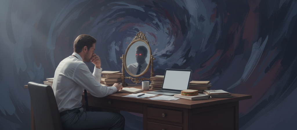 A conceptual representation of self-sabotage, focusing on a serene yet introspective atmosphere. In the foreground, a person dressed in professional business attire sits at a cluttered desk, their expression a mix of contemplation and frustration. Papers and unfinished tasks surround them, symbolizing internal conflict. In the middle ground, a mirror reflects a shadowy silhouette, hinting at doubts and fears lurking just beneath the surface. The background fades into an abstract swirl of dark colors, representing chaotic thoughts and emotions. Soft, diffused lighting creates a moody ambiance, with a shallow depth of field that draws attention to the subject. This image captures the essence of recognizing self-destructive patterns.