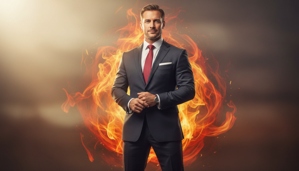 A confident Aries man stands in a dynamic pose, embodying initiative and a warrior mentality. He is dressed in a sharp, tailored suit, emphasizing professionalism and determination. His expression is intense yet approachable, reflecting a sense of leadership and assurance. In the foreground, his strong stance projects energy and boldness. In the middle ground, a subtle hint of an abstract, fiery background symbolizes Aries traits, with warm reds and oranges blending together. The background is softly blurred, enhancing the focus on the man. Bright, natural lighting illuminates his face, highlighting his features. Capture the mood of motivation and strength, framed with a slight upward angle to convey upward momentum and inspiration. The image should evoke a sense of empowerment and the dynamic spirit of Aries.