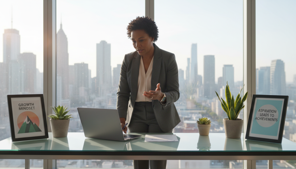 A confident Capricorn professional standing at a modern desk in a well-lit office environment. The foreground features the individual, a middle-aged Black woman dressed in a sharp, professional suit, deeply engaged in a work task, showcasing determination and focus. In the middle, vibrant plants and motivational posters decorate the clean work space, symbolizing growth and aspiration. The background reveals a panoramic view of a bustling city skyline through large windows, emphasizing ambition and forward-thinking. Soft, natural light filters in, creating a warm and inviting atmosphere, while subtle lens flares enhance the professional yet motivational mood of the scene. The composition should exude a sense of purpose and positivity, embodying the strengths of Capricorn in the workplace. A confident Capricorn professional standing at a modern desk in a well-lit office environment. The foreground features the individual, a middle-aged Black woman dressed in a sharp, professional suit, deeply engaged in a work task, showcasing determination and focus. In the middle, vibrant plants and motivational posters decorate the clean work space, symbolizing growth and aspiration. The background reveals a panoramic view of a bustling city skyline through large windows, emphasizing ambition and forward-thinking. Soft, natural light filters in, creating a warm and inviting atmosphere, while subtle lens flares enhance the professional yet motivational mood of the scene. The composition should exude a sense of purpose and positivity, embodying the strengths of Capricorn in the workplace.
