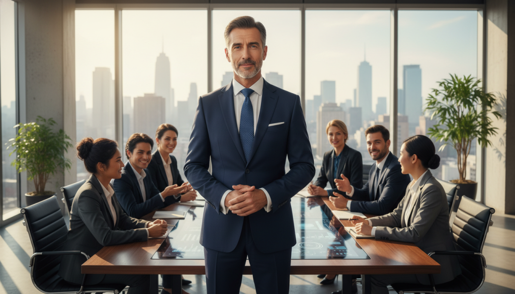 A confident and composed Capricorn leader, depicted as a middle-aged person with striking features, wearing a tailored navy blue suit and a crisp white shirt. The foreground shows them standing at the head of a sleek conference table, hands confidently clasped, exuding authority and trust. In the middle, a diverse team of professionals engaged in discussion and collaboration, representing unity in teamwork, all dressed in smart business attire. The background features a modern office with large windows allowing warm, natural light to flood the space, creating an atmosphere of productivity and focus. The overall mood is inspiring and motivational, highlighting effective leadership and team management qualities associated with Capricorn personalities. A confident and composed Capricorn leader, depicted as a middle-aged person with striking features, wearing a tailored navy blue suit and a crisp white shirt. The foreground shows them standing at the head of a sleek conference table, hands confidently clasped, exuding authority and trust. In the middle, a diverse team of professionals engaged in discussion and collaboration, representing unity in teamwork, all dressed in smart business attire. The background features a modern office with large windows allowing warm, natural light to flood the space, creating an atmosphere of productivity and focus. The overall mood is inspiring and motivational, highlighting effective leadership and team management qualities associated with Capricorn personalities.
