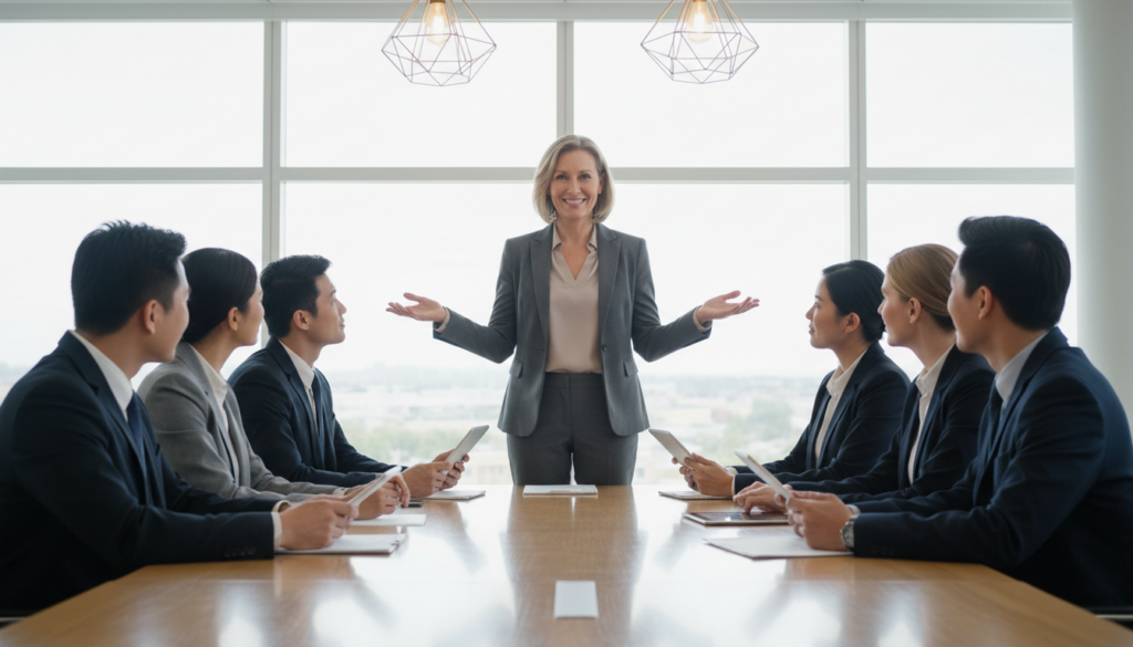 A confident business leader stands at the forefront, engaging a diverse team in a modern office setting. The leader, a middle-aged woman in a tailored suit, radiates charisma and authority, with a warm smile that invites collaboration. In the background, colleagues of various ethnicities attentively listen, taking notes on digital tablets, dressed in professional attire. The office features large windows with natural light filtering in, creating a bright, optimistic atmosphere. A polished conference table reflects the soft glow of overhead pendant lights, enhancing the sense of professionalism. The focus is on the leader’s open body language and eye contact, showcasing an effective leadership style that fosters teamwork and motivation. The overall mood is inspiring and dynamic, emphasizing themes of leadership, charisma, and high expectations in the workplace.