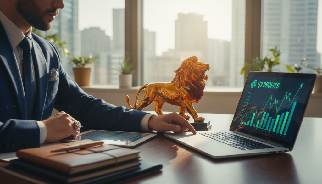 A confident individual in professional business attire, sitting at a well-organized desk, intensely strategizing their finances. The foreground features a sleek laptop open to financial graphs and charts, surrounded by notebooks and a stylish pen. In the middle, a vibrant gold and orange lion figurine symbolizes the Leo zodiac, conveying strength and leadership. The background includes a large window with bright daylight streaming in, casting soft, warm light across the scene, creating an atmosphere of optimism and focus. The lens should capture the details sharply, with a slight depth of field to emphasize the subject. Overall, the image should evoke a sense of clarity, determination, and financial empowerment tailored for a Leo personality.