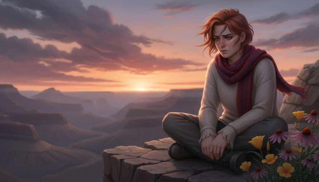 A contemplative figure of an Aries individual, sitting on a rocky outcrop, gazing into the distance. Their expression reflects a mixture of vulnerability and strength, indicative of suppressed emotions. The foreground features details like a blend of warm and cool tones on the person's attire—modest casual clothing that suggests comfort. In the middle ground, wildflowers sway gently, symbolizing both emotion and beauty. The background showcases a dramatic sunset, with orange and purple hues casting a soft glow, enhancing the atmosphere of introspection. Soft, diffused lighting gives a serene yet poignant mood, while the composition is framed with a slight angle that draws the viewer's attention to the subject’s subtle expressions, signifying the emotional depth of Aries when they feel hurt.