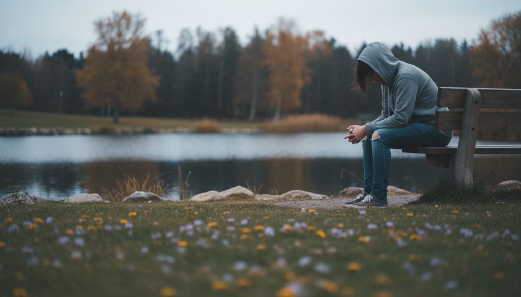 A contemplative figure sits on the edge of a peaceful park bench, dressed in modest casual clothing, with their hands clasped and gaze directed towards the ground, evoking a sense of emotional containment. In the foreground, soft grass and wildflowers softly blur, leading the eye to the figure. In the middle ground, a serene pond reflects the muted colors of the overcast sky, symbolizing introspection and calm amidst emotional turmoil. The background features gentle tree silhouettes, their leaves whispering in the cool breeze. The lighting is soft and diffused, creating an atmosphere of tranquility and reflection. The overall mood captures a moment of pause and emotional stability, emphasizing the concept of inner strength during challenging times.