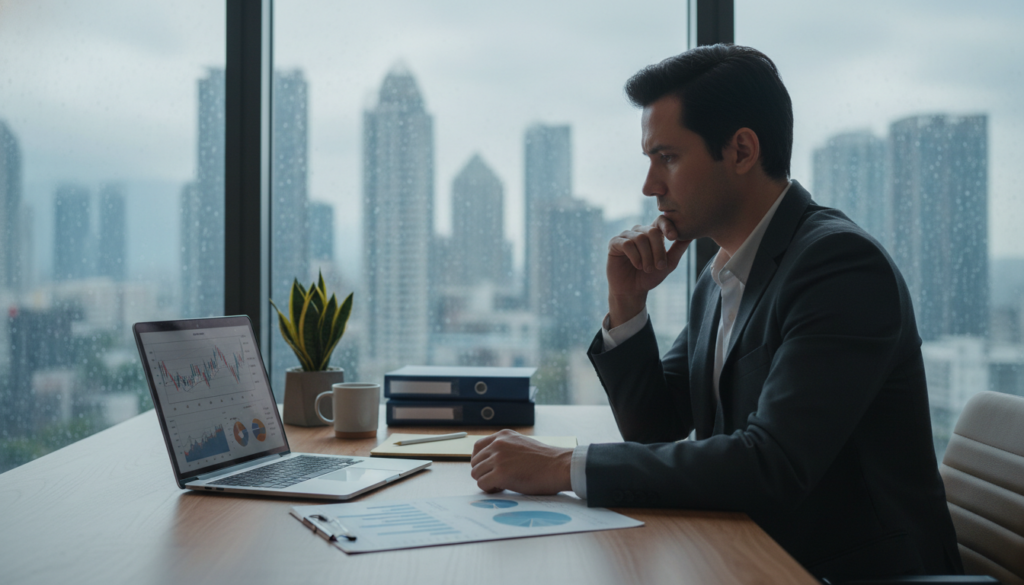 A contemplative office setting is depicted in this image. In the foreground, a thoughtful individual in professional business attire sits at a modern desk, lost in deep thought. Their hands rest on their chin, with a few scattered papers and a laptop open before them, suggesting a connection to work and financial concerns. In the middle ground, a window reveals a rainy cityscape, the gloomy weather enhancing a sense of introspection. Soft, diffused lighting from the window casts gentle shadows, creating a moody atmosphere that reflects the theme of being ensnared in one's thoughts. In the background, office supplies and a potted plant add a touch of life to the scene, while muted colors contribute to the overall pensive mood.