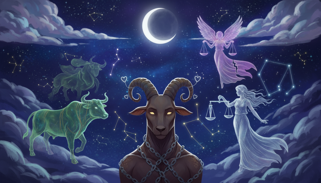 A cosmic illustration showing the zodiac sign Capricorn symbolizing loyalty and fidelity, prominently featured in the foreground. Surrounding Capricorn are representations of other zodiac signs: Taurus, Virgo, and Libra, depicted in subtle, ethereal forms, showcasing a contrast in their traits of trust and betrayal. In the middle ground, a starry sky filled with vibrant constellations adds a mystical touch, enhancing the symbolism of each sign. The background features soft, shimmering clouds, creating an atmosphere of introspection and contemplation. The scene is illuminated by gentle moonlight, casting a serene glow on the characters. The mood is thoughtful and reflective, capturing the essence of loyalty in relationships. The composition uses a wide-angle perspective to encompass the celestial theme, inviting viewers to ponder the complexities of loyalty among the zodiac. A cosmic illustration showing the zodiac sign Capricorn symbolizing loyalty and fidelity, prominently featured in the foreground. Surrounding Capricorn are representations of other zodiac signs: Taurus, Virgo, and Libra, depicted in subtle, ethereal forms, showcasing a contrast in their traits of trust and betrayal. In the middle ground, a starry sky filled with vibrant constellations adds a mystical touch, enhancing the symbolism of each sign. The background features soft, shimmering clouds, creating an atmosphere of introspection and contemplation. The scene is illuminated by gentle moonlight, casting a serene glow on the characters. The mood is thoughtful and reflective, capturing the essence of loyalty in relationships. The composition uses a wide-angle perspective to encompass the celestial theme, inviting viewers to ponder the complexities of loyalty among the zodiac.