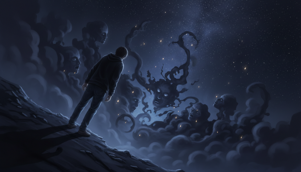 A cosmic representation of fear, with a person standing at the edge of a dark abyss in a dimly lit environment. The foreground shows a figure in modest casual clothing, gazing anxiously into the shadowy depths, reflecting vulnerability and uncertainty. In the middle, swirling mists of deep blue and black invoke an atmosphere of dread and introspection, while faint glimmers of light represent fleeting hope. The background features a starry sky, with stars twinkling slightly, enhancing the sense of isolation. Use soft, diffused lighting to create a moody ambiance, and employ a slight tilt angle to add a sense of unease and depth. Overall, encapsulate the complex emotional landscape of hidden fears in love and life.
