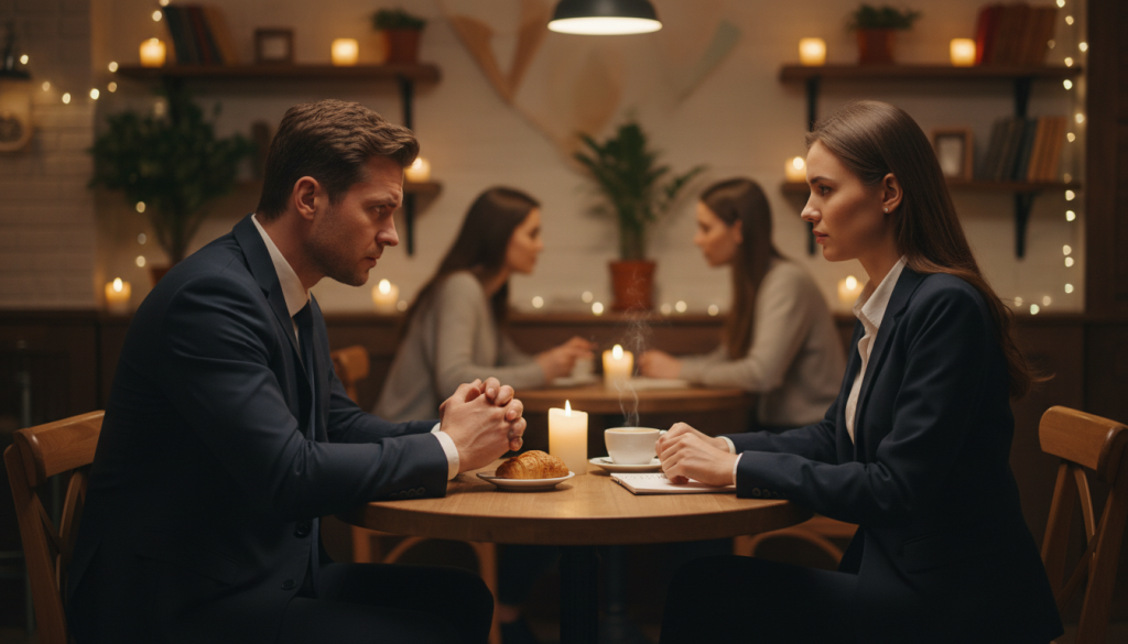 A couple engaged in a deep and meaningful conversation, embodying the challenges faced by Capricorn in relationships. The foreground features a man and a woman, both dressed in professional attire. Their expressions show intensity; the man leans forward, exhibiting seriousness, while the woman maintains a composed posture, reflecting her grounded nature. In the middle, a cozy café setting is depicted with warm lighting, emphasizing the emotional balance they strive for. The background includes soft, blurred outlines of patrons and subtle decorations, contributing to a reflective atmosphere. The overall mood is one of tension mixed with the desire for connection, capturing Capricorn's challenges of rigidity, high expectations, and emotional equilibrium in partnerships. A couple engaged in a deep and meaningful conversation, embodying the challenges faced by Capricorn in relationships. The foreground features a man and a woman, both dressed in professional attire. Their expressions show intensity; the man leans forward, exhibiting seriousness, while the woman maintains a composed posture, reflecting her grounded nature. In the middle, a cozy café setting is depicted with warm lighting, emphasizing the emotional balance they strive for. The background includes soft, blurred outlines of patrons and subtle decorations, contributing to a reflective atmosphere. The overall mood is one of tension mixed with the desire for connection, capturing Capricorn's challenges of rigidity, high expectations, and emotional equilibrium in partnerships.
