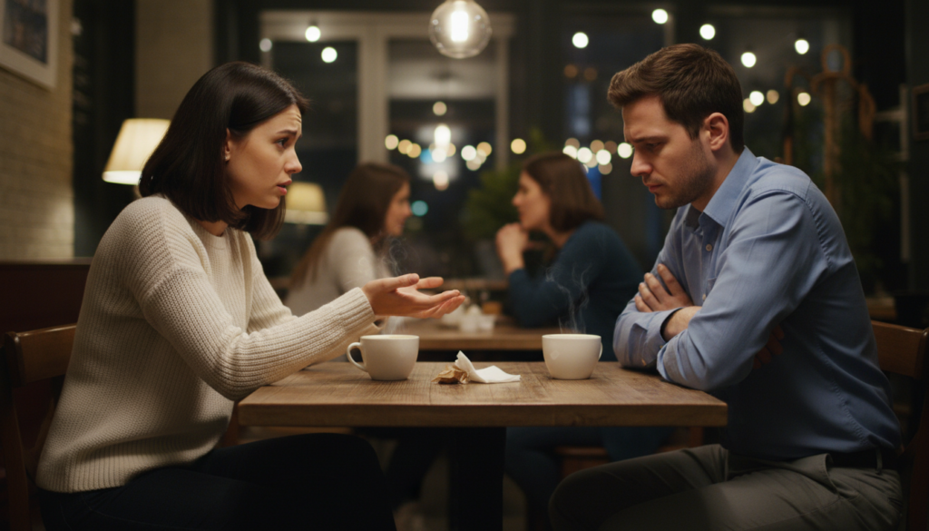A couple sits across from each other at a cozy cafe, their expressions reflecting tension and concern, illustrating common relationship problems. The foreground features a wooden table with two untouched coffee cups, representing their emotional distance. In the middle, the couple, dressed in smart casual attire, engages in a serious conversation, with the woman gently gesturing, seeking understanding. In the background, soft lighting creates a warm atmosphere, with blurred patrons enjoying their moments, symbolizing normalcy amidst their challenges. The scene captures a delicate balance of intimacy and conflict, suggesting the complex nature of love and resolution within a Virgo relationship.