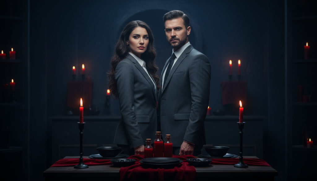 A couple stands in a dimly lit room, capturing the essence of "the dark side of Scorpio." The foreground features two figures in professional business attire, standing close together, their expressions a mix of intensity and contemplation. The woman has long, flowing dark hair and piercing eyes, while the man has a strong jawline and a serious gaze. In the middle ground, a low table is set with deep red and black decor, symbolizing passion and hidden emotions. The background is softly illuminated by shadows and candles, creating a mysterious atmosphere. The lighting is moody and dramatic, with a focus on the couple's faces to convey depth and complexity in their emotions. The overall tone is enigmatic, reflecting the intricate dynamics of a Scorpionic relationship.