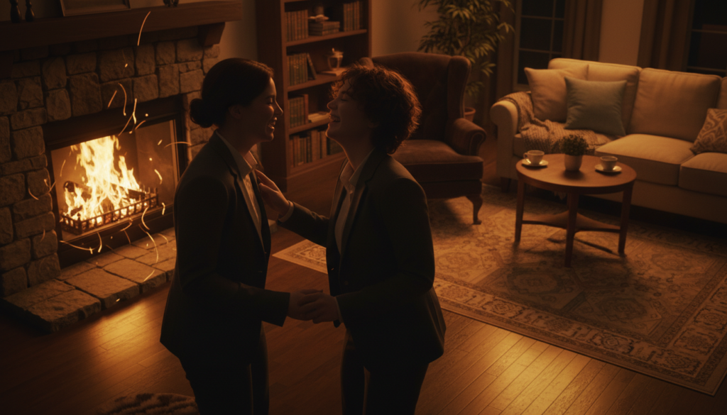 A cozy and intimate setting infused with warmth and passion. In the foreground, two silhouettes of individuals in professional attire are playfully engaging with each other, sharing soft laughter and subtle gestures of affection. The middle ground features a softly flickering fireplace, casting a gentle, golden light that dances across the scene. Delicate shadows and warm tones enhance the aura of intimacy. In the background, the dimly lit room is elegantly decorated with plush furniture and soft, muted colors, creating a nurturing atmosphere. The mood is romantic and inviting, filled with anticipation and connection. The scene is captured from a slightly elevated angle, creating depth, while emphasizing the closeness of the subjects, symbolizing the essence of Leo's passionate approach to intimacy.
