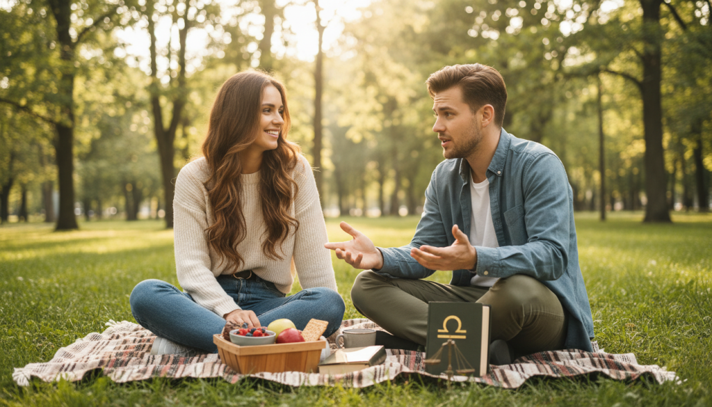 A cozy park scene showcasing the essence of friendship with a Libra. In the foreground, two friends, a man and a woman, are engaged in a warm conversation, both dressed in stylish yet modest casual outfits. The woman has flowing, wavy hair and a bright smile, reflecting kindness and charm, while the man, with a thoughtful expression, gestures animatedly. In the middle ground, a small picnic setup with a colorful blanket and healthy snacks symbolizes their shared experiences. The background features lush greenery and soft sunlight filtering through the trees, creating a serene and inviting atmosphere. The mood is friendly and harmonious, capturing the essence of Libra’s social nature, with a soft focus effect to enhance the warmth of the moment. A cozy park scene showcasing the essence of friendship with a Libra. In the foreground, two friends, a man and a woman, are engaged in a warm conversation, both dressed in stylish yet modest casual outfits. The woman has flowing, wavy hair and a bright smile, reflecting kindness and charm, while the man, with a thoughtful expression, gestures animatedly. In the middle ground, a small picnic setup with a colorful blanket and healthy snacks symbolizes their shared experiences. The background features lush greenery and soft sunlight filtering through the trees, creating a serene and inviting atmosphere. The mood is friendly and harmonious, capturing the essence of Libra’s social nature, with a soft focus effect to enhance the warmth of the moment.