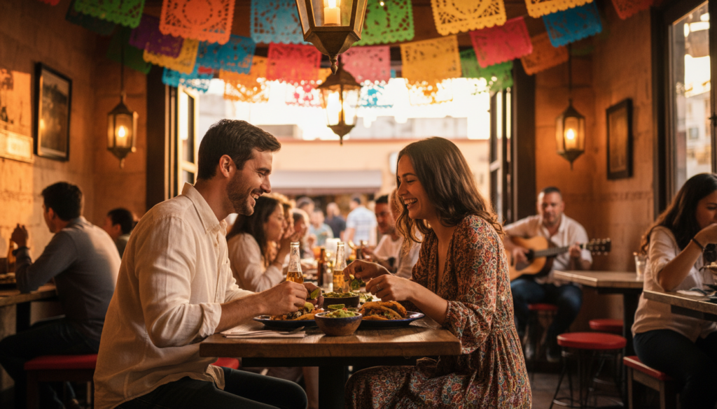 A cozy, romantic scene in a vibrant Mexican café during sunset. In the foreground, a couple sits intimately at a small wooden table, laughing and sharing a plate of tacos, dressed in casual yet stylish attire. The middle ground features colorful papel picado decorations hanging overhead, with a warm glow from lanterns illuminating the space. The background shows other diners enjoying their meals, embodying a lively atmosphere. The overall mood is warm and inviting, with soft, golden hour lighting bathing the scene in a tender glow. Capture the essence of everyday romance, highlighting the beauty of cultural connections in intimate settings. Use a shallow depth of field to focus on the couple, creating a sense of intimacy amidst the lively café environment.