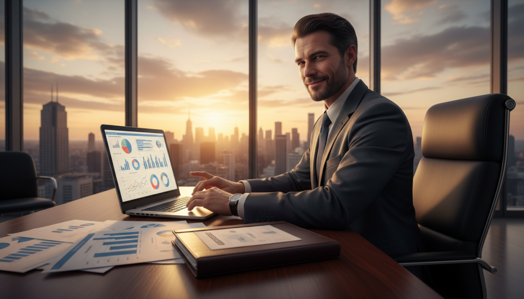 A cunning Capricorn figure, depicted as a professional in a sleek, modern office environment, embodying the manipulative traits often associated with this zodiac sign. In the foreground, the Capricorn is seated at a polished mahogany desk, wearing a sharp business suit, with a confident, calculating expression. The middle section showcases documents and a laptop featuring graphs and charts, illustrating strategic planning and negotiation. In the background, large windows reveal a city skyline, bathed in warm sunset light to create an intense yet focused atmosphere. The lighting highlights the subject’s features, casting subtle shadows that enhance their mysterious aura. The overall mood is tense and strategic, capturing the essence of manipulation in a corporate setting without any text or additional elements.