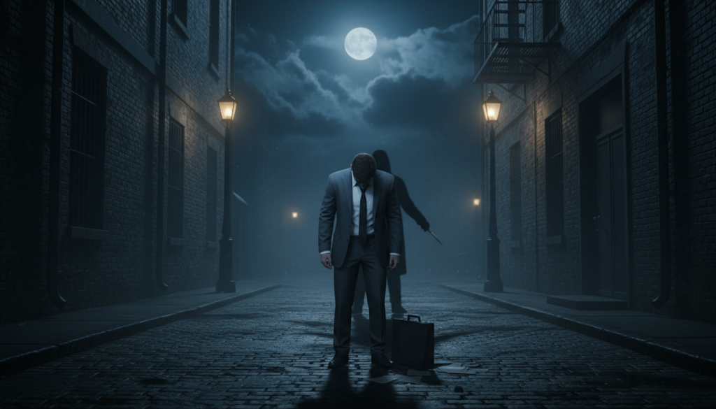 A dark and moody scene depicting the theme of betrayal. In the foreground, a figure dressed in professional business attire stands with their back turned, embodying a sense of vulnerability and emotional turmoil. The middle ground features a shadowy silhouette approaching, symbolizing treachery and loss of trust. The background reveals a dimly lit, deserted alleyway, with flickering streetlights casting eerie shadows. A full moon peeks through ominous clouds, creating a dramatic yet melancholic atmosphere. The lighting is soft with harsh contrasts, emphasizing the tension in the scene. The composition should invoke feelings of fear and vulnerability, capturing the essence of emotional betrayal and the fear of losing control. A dark and moody scene depicting the theme of betrayal. In the foreground, a figure dressed in professional business attire stands with their back turned, embodying a sense of vulnerability and emotional turmoil. The middle ground features a shadowy silhouette approaching, symbolizing treachery and loss of trust. The background reveals a dimly lit, deserted alleyway, with flickering streetlights casting eerie shadows. A full moon peeks through ominous clouds, creating a dramatic yet melancholic atmosphere. The lighting is soft with harsh contrasts, emphasizing the tension in the scene. The composition should invoke feelings of fear and vulnerability, capturing the essence of emotional betrayal and the fear of losing control.