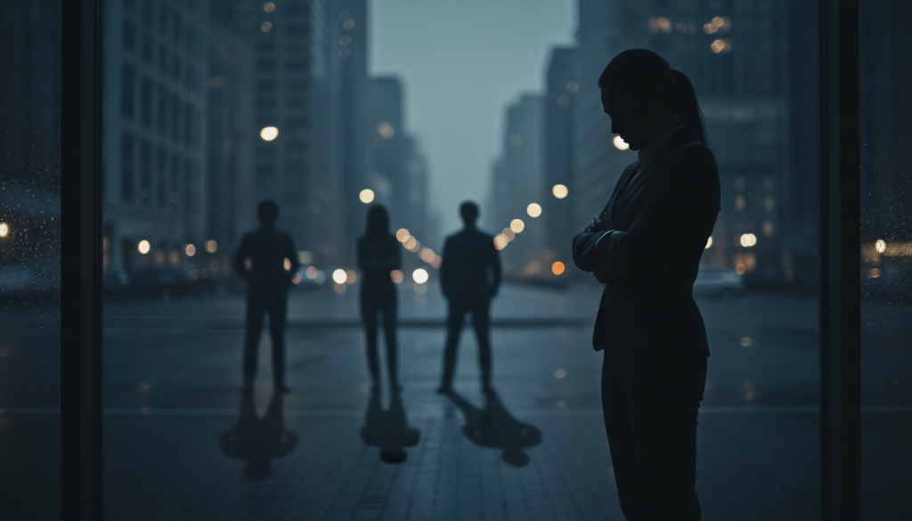 A dark and moody scene that captures the essence of Scorpio's intensity when hurt in relationships. In the foreground, a silhouette of a lone figure stands with crossed arms, their expression contemplative and slightly pained, dressed in professional attire. In the middle, blurred images of shadowy figures represent past friendships, their faces obscured to suggest emotional distance and betrayal. The background features a dimly lit urban setting at dusk, with soft, diffused streetlights casting elongated shadows, creating a sense of isolation. Use a wide-angle lens to emphasize the vastness of the environment around the figure, enhancing the mood of contemplation and resentment. The overall atmosphere should be somber yet powerful, reflecting both the emotional weight and the deep complexity of Scorpio's feelings.