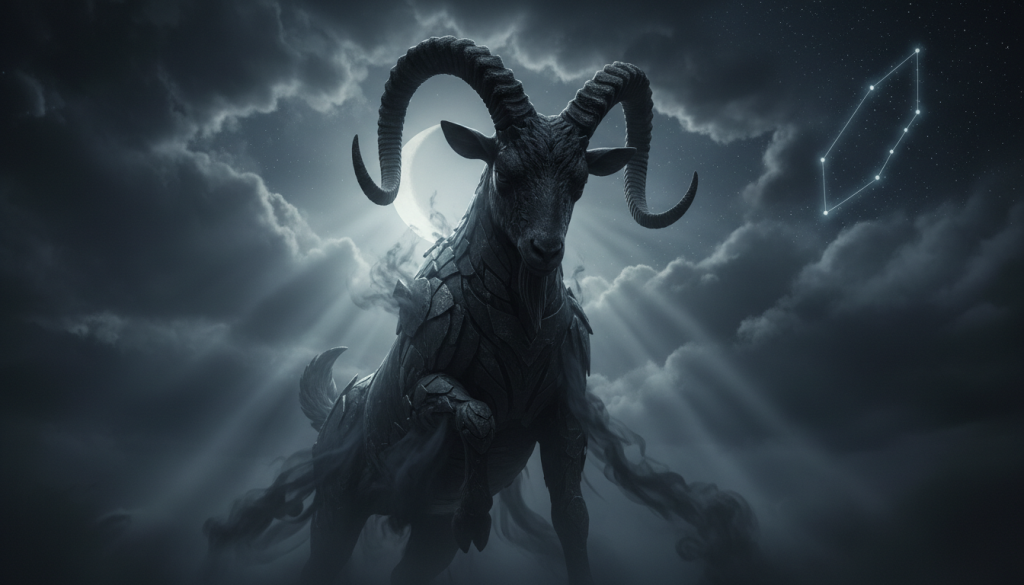 A dark, atmospheric depiction of the Capricorn zodiac sign, showcasing its shadowy traits. In the foreground, a majestic goat symbol, intricately detailed with sharp horns and a powerful stance, is depicted in deep black and charcoal hues, embodying the darker aspects of Capricorn. The middle ground features swirling, ominous clouds illuminated by a muted moonlight, casting eerie shadows around the goat, signifying its complex nature. The background shows a starry night sky with faint constellations of Capricorn, enhancing the mysterious vibe. Soft, diffused lighting creates a somber mood, while the overall composition captures a sense of introspection and hidden depth. The angle is slightly low, allowing the goat to loom impressively over the viewer, inviting contemplation of its enigmatic characteristics.