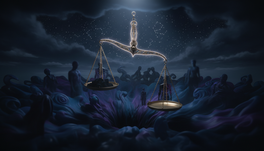 A dark, captivating Libra symbol featuring scales tilted towards shadows to represent the zodiac's hidden traits. In the foreground, intricate designs of the scales are illuminated by a soft, ethereal glow, reflecting an air of mystery. The middle ground showcases a swirling mist of dark blues and purples, evoking a sense of the unknown, while faint outlines of shadowy figures loom, hinting at inner struggles and complexities. The background is a twilight sky filled with distant stars, suggesting cosmic balance and depth. The lighting is low, with a subtle spotlight effect focusing on the Libra symbol, creating a contrast between light and dark. The mood is introspective and enigmatic, inviting the viewer to explore the hidden aspects of Libra's character.