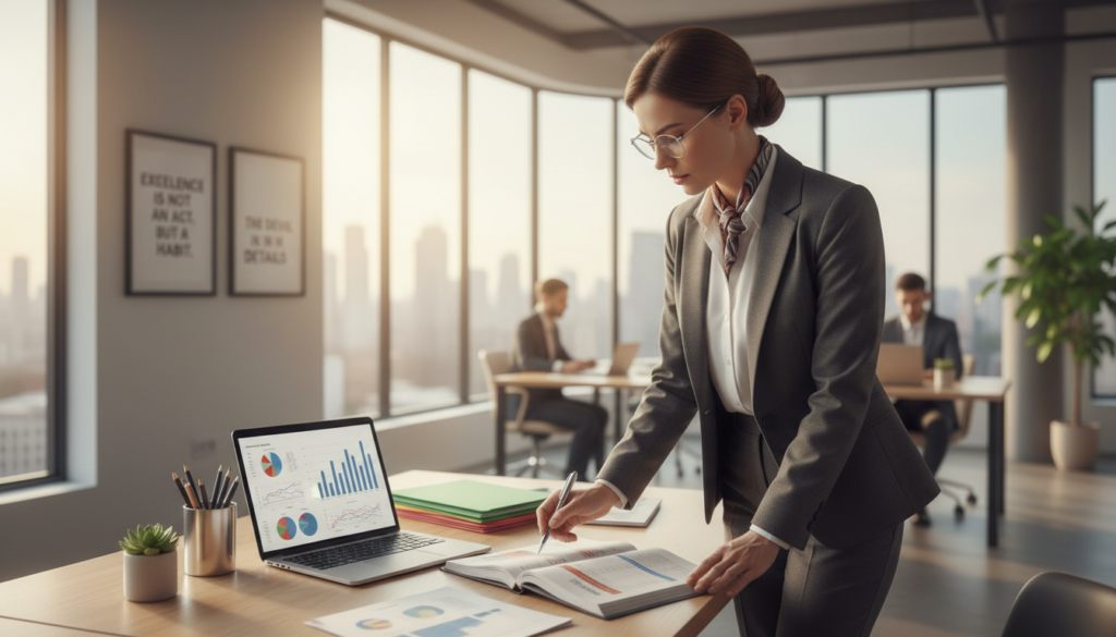 A dedicated Virgo professional stands confidently in an office environment, dressed in business attire that reflects their meticulous nature. In the foreground, the individual is focused on a detailed report, analyzing data with precision. The middle ground features a well-organized desk with neatly arranged stationery, a laptop displaying charts, and motivational quotes on the wall that highlight professionalism and diligence. The background showcases a bright, modern office space with large windows allowing natural light to flood in, creating a warm and optimistic atmosphere. Soft, professional lighting enhances the scene, and a slight depth of field softens the background, keeping the viewer's focus on the Virgo individual. The overall mood conveys a sense of determination, competence, and clarity, embodying the strengths of a Virgo in the workplace. A dedicated Virgo professional stands confidently in an office environment, dressed in business attire that reflects their meticulous nature. In the foreground, the individual is focused on a detailed report, analyzing data with precision. The middle ground features a well-organized desk with neatly arranged stationery, a laptop displaying charts, and motivational quotes on the wall that highlight professionalism and diligence. The background showcases a bright, modern office space with large windows allowing natural light to flood in, creating a warm and optimistic atmosphere. Soft, professional lighting enhances the scene, and a slight depth of field softens the background, keeping the viewer's focus on the Virgo individual. The overall mood conveys a sense of determination, competence, and clarity, embodying the strengths of a Virgo in the workplace.