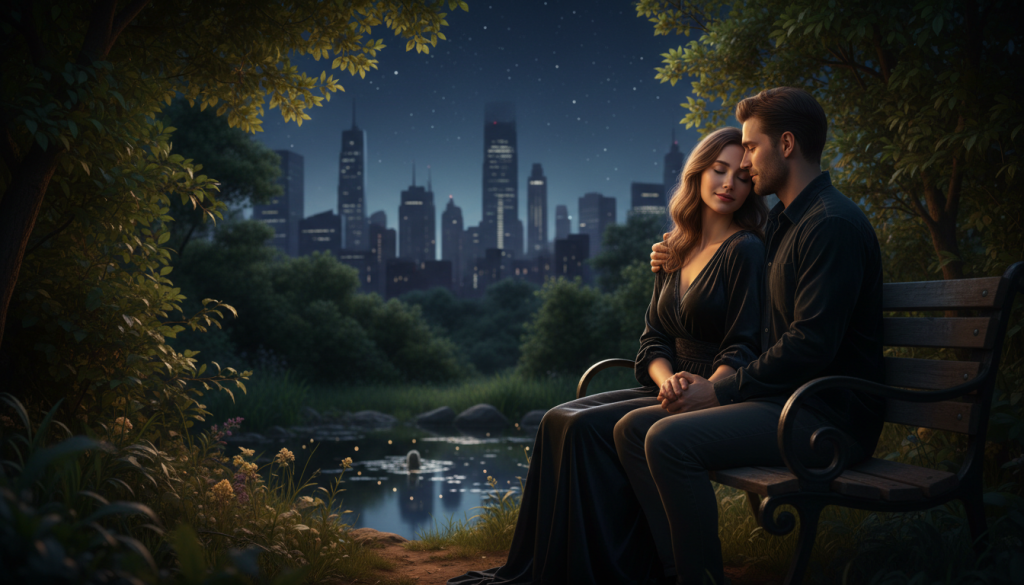 A deep and intense representation of the concept of "depth in relationships" inspired by Scorpio traits. In the foreground, a couple sits closely together on a dimly lit bench in a serene park, their expressions revealing deep connection and trust. In the middle, lush trees and soft foliage create a natural embrace, symbolizing protection and privacy, while a small pond reflects the moonlight, adding an air of mystery. The background features the silhouette of a cityscape under a starry night sky, representing ambition and complexity. The lighting is soft and warm, evoking intimacy, while a shallow depth of field focuses on the couple, subtly fading the background to draw attention to their emotional bond. The overall mood is contemplative, romantic, and mysterious.