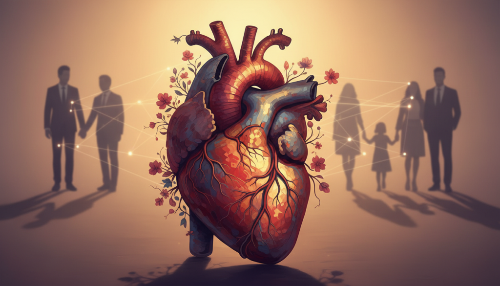 A detailed and artistic representation of a heart (corazón) at the forefront, symbolizing affection and relationships. The heart is intricately designed with a blend of vibrant and muted colors, showcasing cracks and imperfections to reflect emotional vulnerabilities. In the background, faint silhouettes of people, dressed in professional business attire, represent a couple, family, and friends, each distinct but interconnected in a supportive yet complex relationship. Soft, warm lighting filters through to create an inviting yet introspective atmosphere, evoking feelings of both love and tension. The angle is slightly elevated, giving a sense of depth, encouraging viewers to reflect on the intricacies of human connections.