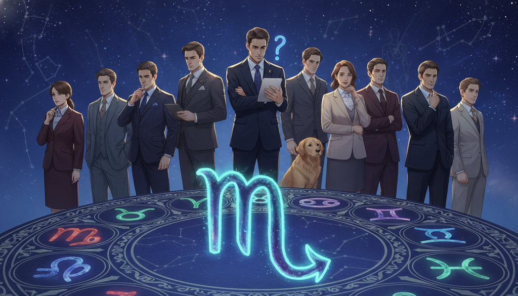 A detailed and artistic representation of the zodiac signs set against a mystic night sky. In the foreground, a prominent Scorpio symbol is illuminated by a soft, ethereal glow, showcasing its distinct scorpion imagery. Surrounding Scorpio are the twelve zodiac symbols intricately arranged, each symbol glowing gently in varying hues that reflect their astrological traits. The middle ground features stylish representations of individuals representing each sign, dressed in professional business attire, engaged in thoughtful poses that reflect their personality traits—curiosity, loyalty, and introspection—against a starry backdrop. The background is a deep indigo sky filled with twinkling stars, enhancing the cosmic theme, with faint outlines of constellations subtly visible. The atmosphere is mysterious yet inviting, evoking contemplation about loyalty and fidelity among the zodiac signs, with gentle, diffused lighting casting a harmonious glow over the entire scene. A detailed and artistic representation of the zodiac signs set against a mystic night sky. In the foreground, a prominent Scorpio symbol is illuminated by a soft, ethereal glow, showcasing its distinct scorpion imagery. Surrounding Scorpio are the twelve zodiac symbols intricately arranged, each symbol glowing gently in varying hues that reflect their astrological traits. The middle ground features stylish representations of individuals representing each sign, dressed in professional business attire, engaged in thoughtful poses that reflect their personality traits—curiosity, loyalty, and introspection—against a starry backdrop. The background is a deep indigo sky filled with twinkling stars, enhancing the cosmic theme, with faint outlines of constellations subtly visible. The atmosphere is mysterious yet inviting, evoking contemplation about loyalty and fidelity among the zodiac signs, with gentle, diffused lighting casting a harmonious glow over the entire scene.