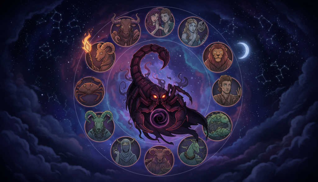 A detailed and visually striking illustration depicting the twelve zodiac signs in a comparative layout, emphasizing Scorpio as the central figure. In the foreground, showcase Scorpio with vibrant details, including its iconic scorpion traits, intense eyes, and a mysterious aura. The other signs, like Aries, Capricorn, and Gemini, should blend harmoniously around Scorpio, each represented with unique symbols or attributes, displaying manipulative characteristics subtly. In the middle ground, create a dynamic balance of colors that symbolize the emotions tied to each sign, especially darker shades for Scorpio. In the background, a celestial backdrop of stars and the night sky to enhance the astrological theme, illuminated with soft, ethereal lighting. The mood should be intriguing and slightly enigmatic, inviting the viewer to explore the complexities of each sign's behavior. A detailed and visually striking illustration depicting the twelve zodiac signs in a comparative layout, emphasizing Scorpio as the central figure. In the foreground, showcase Scorpio with vibrant details, including its iconic scorpion traits, intense eyes, and a mysterious aura. The other signs, like Aries, Capricorn, and Gemini, should blend harmoniously around Scorpio, each represented with unique symbols or attributes, displaying manipulative characteristics subtly. In the middle ground, create a dynamic balance of colors that symbolize the emotions tied to each sign, especially darker shades for Scorpio. In the background, a celestial backdrop of stars and the night sky to enhance the astrological theme, illuminated with soft, ethereal lighting. The mood should be intriguing and slightly enigmatic, inviting the viewer to explore the complexities of each sign's behavior.