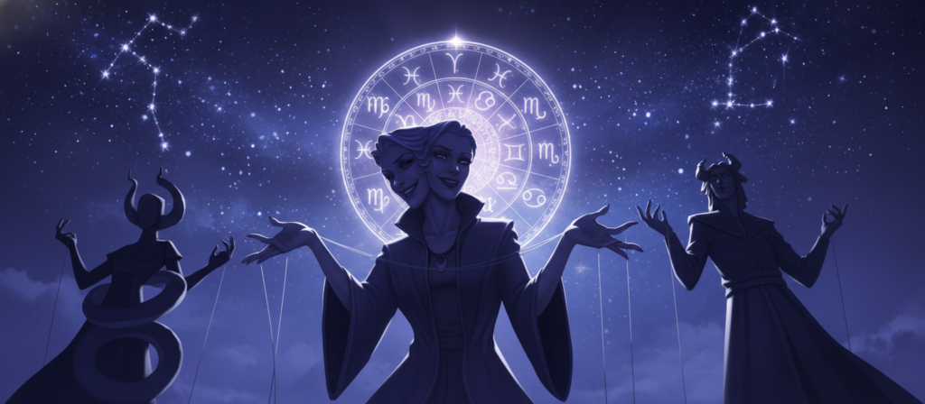 A detailed illustration of various zodiac signs represented as abstract, manipulative figures, each exhibiting their unique style of influence. In the foreground, Gemini is depicted with dual faces, showcasing charm and cunning, surrounded by shadowy silhouettes of other signs like Scorpio and Capricorn, symbolizing their control tactics. In the middle ground, a mysterious, softly illuminated zodiac wheel displays intricate designs and soft glow, emphasizing the ethereal connection between the signs. The background features a starry sky with constellations subtly formed by glowing stars, creating an enchanting atmosphere. The lighting is moody, with a blend of bluish and purple hues to convey intrigue and complexity, shot with a slight tilt to evoke a sense of dynamic tension. The overall mood reflects mystery and manipulation, encapsulating the essence of astrological influences.