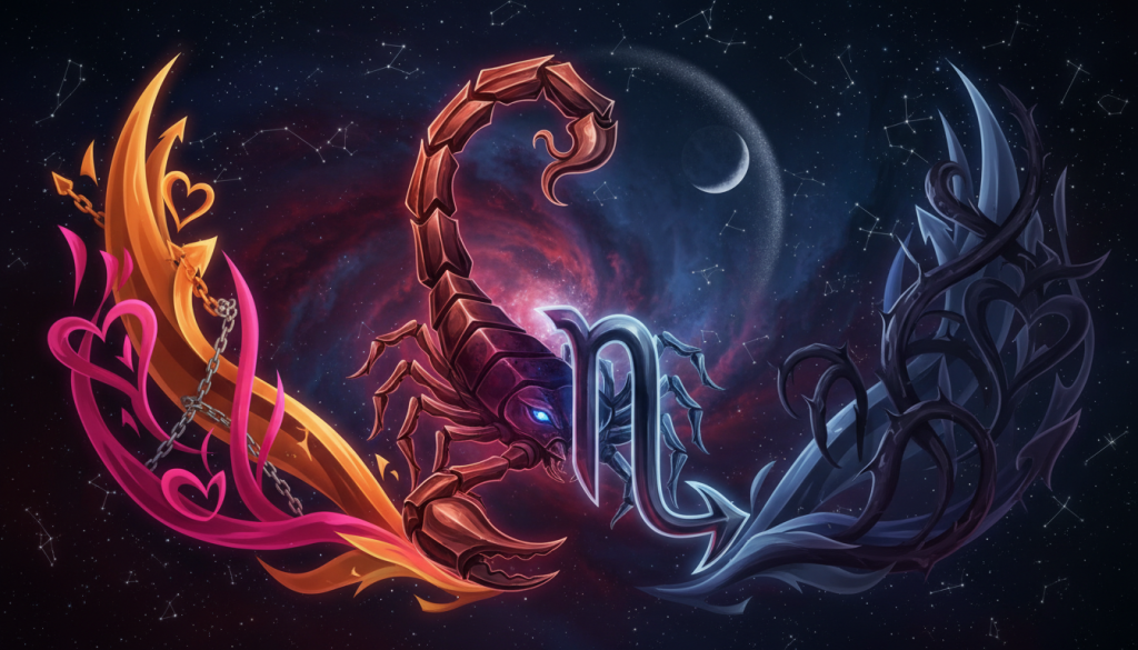 A detailed illustration representing the zodiac sign Scorpio, focusing on its dual nature of positive and negative traits. In the foreground, a stylized Scorpio symbol featuring the scorpion with intricate details, showcasing both fierce and graceful aspects. In the middle ground, blend vibrant colors like deep crimson and dark blue, symbolizing intensity and depth of character. Surrounding the sign are abstract representations of positive traits such as passion, loyalty, and determination, contrasted with darker elements representing secretive and intense nature. In the background, a celestial night sky embellished with stars to evoke an atmospheric and mystical mood. Soft lighting highlights the Scorpio symbol, creating an ethereal glow, while a focused lens emphasizes the vibrancy of the colors. The image should feel powerful and enigmatic, resonating with Scorpio's complex personality. A detailed illustration representing the zodiac sign Scorpio, focusing on its dual nature of positive and negative traits. In the foreground, a stylized Scorpio symbol featuring the scorpion with intricate details, showcasing both fierce and graceful aspects. In the middle ground, blend vibrant colors like deep crimson and dark blue, symbolizing intensity and depth of character. Surrounding the sign are abstract representations of positive traits such as passion, loyalty, and determination, contrasted with darker elements representing secretive and intense nature. In the background, a celestial night sky embellished with stars to evoke an atmospheric and mystical mood. Soft lighting highlights the Scorpio symbol, creating an ethereal glow, while a focused lens emphasizes the vibrancy of the colors. The image should feel powerful and enigmatic, resonating with Scorpio's complex personality.