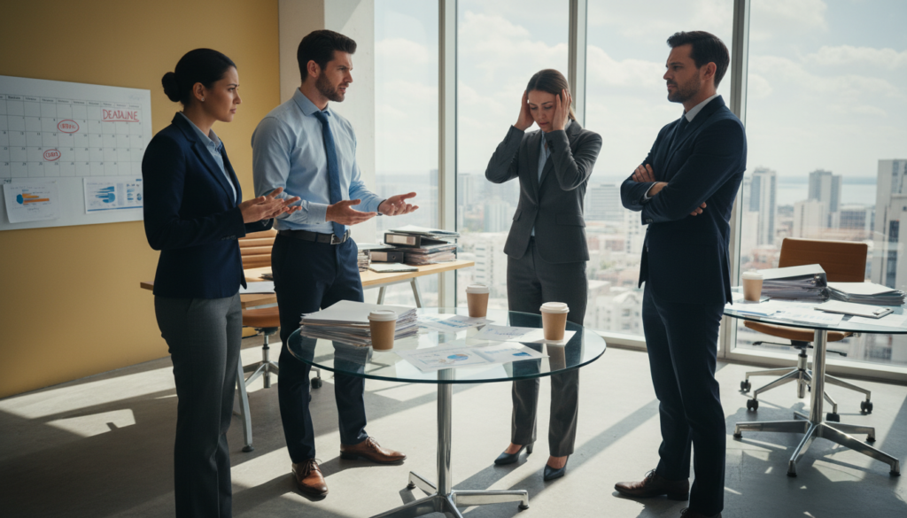 A detailed scene depicting common triggers for discussions with Virgo individuals, presented in a modern, relatable context. In the foreground, a diverse group of four people dressed in professional business attire engage in a tense conversation, their body language expressive of disagreement and concern. In the middle ground, subtle hints of common argument-inducing objects like a cluttered desk, a calendar with marked dates, and open documents suggest stressful situations. The background showcases a bright office space with large windows allowing natural light to flood in, casting gentle shadows that enhance the mood of unease. The color palette is warm yet slightly muted to reflect the seriousness of the discussion. The angle is slightly elevated, capturing the interaction dynamic, emphasizing the complexity of navigating conflicts.