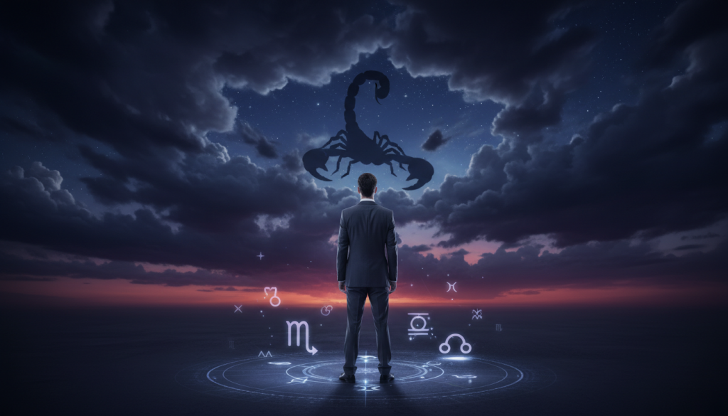 A dramatic and intense scene capturing the essence of Scorpio's emotional depth. In the foreground, a contemplative figure, dressed in professional business attire, gazes thoughtfully into the distance, surrounded by scattered astrological symbols that glow softly. The middle layer features swirling, dark clouds hinting at tumultuous emotions, with a hint of a starry sky peeping through. In the background, a shadowy silhouette of a scorpion emerges against the deep twilight, symbolizing Scorpio's intensity and complexity. The scene is bathed in low, moody lighting, creating a sense of depth and intrigue, with a narrow depth of field focusing on the figure. The atmosphere is heavy with intensity, evoking a sense of silent drama and emotional richness. A dramatic and intense scene capturing the essence of Scorpio's emotional depth. In the foreground, a contemplative figure, dressed in professional business attire, gazes thoughtfully into the distance, surrounded by scattered astrological symbols that glow softly. The middle layer features swirling, dark clouds hinting at tumultuous emotions, with a hint of a starry sky peeping through. In the background, a shadowy silhouette of a scorpion emerges against the deep twilight, symbolizing Scorpio's intensity and complexity. The scene is bathed in low, moody lighting, creating a sense of depth and intrigue, with a narrow depth of field focusing on the figure. The atmosphere is heavy with intensity, evoking a sense of silent drama and emotional richness.