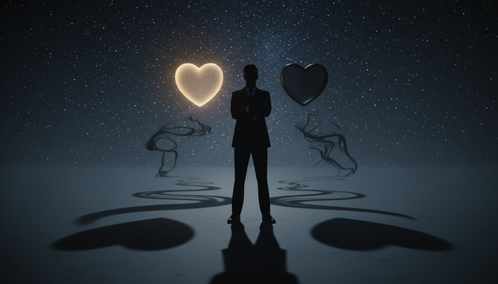 A dramatic and introspective scene illustrating the duality of Scorpio's love nature—highlighting both the strong and shadow sides. In the foreground, a silhouette of a person stands resolutely with arms crossed, wearing professional attire, embodying strength and determination. Their shadow stretches out on the ground, morphing into darker shapes symbolizing jealousy and intensity. In the middle ground, two contrasting hearts, one radiant and the other obscured in shadow, float ethereally. The background features a celestial night sky filled with stars, creating a mystical atmosphere. Soft, dim lighting casts a moody ambiance, while a slightly blurred depth of field emphasizes the central figures. Capture an emotional tension that reflects passion, depth, and complexity in love. A dramatic and introspective scene illustrating the duality of Scorpio's love nature—highlighting both the strong and shadow sides. In the foreground, a silhouette of a person stands resolutely with arms crossed, wearing professional attire, embodying strength and determination. Their shadow stretches out on the ground, morphing into darker shapes symbolizing jealousy and intensity. In the middle ground, two contrasting hearts, one radiant and the other obscured in shadow, float ethereally. The background features a celestial night sky filled with stars, creating a mystical atmosphere. Soft, dim lighting casts a moody ambiance, while a slightly blurred depth of field emphasizes the central figures. Capture an emotional tension that reflects passion, depth, and complexity in love.