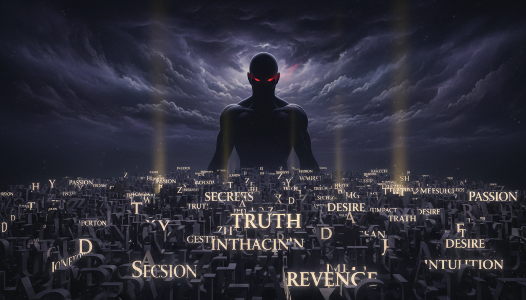 A dramatic composition illustrating the concept of "palabras" symbolizing Scorpio's intense emotional depth and strategic impact. In the foreground, an array of vivid, swirling letters and words in various fonts emerge, each glowing softly, representing thoughts and emotions. The middle ground features a shadowy figure of a Scorpio, visible in silhouette, embodying power and secrecy, with an intense gaze directed toward the foreground. In the background, a dark, stormy sky filled with swirling clouds adds a sense of tension and foreboding, symbolizing the volatile nature of Scorpio energy. Soft beams of light break through the clouds, highlighting certain letters. The overall mood is mysterious and dramatic, capturing the essence of emotional depth and the sensation of hitting where it hurts most. A dramatic composition illustrating the concept of "palabras" symbolizing Scorpio's intense emotional depth and strategic impact. In the foreground, an array of vivid, swirling letters and words in various fonts emerge, each glowing softly, representing thoughts and emotions. The middle ground features a shadowy figure of a Scorpio, visible in silhouette, embodying power and secrecy, with an intense gaze directed toward the foreground. In the background, a dark, stormy sky filled with swirling clouds adds a sense of tension and foreboding, symbolizing the volatile nature of Scorpio energy. Soft beams of light break through the clouds, highlighting certain letters. The overall mood is mysterious and dramatic, capturing the essence of emotional depth and the sensation of hitting where it hurts most.