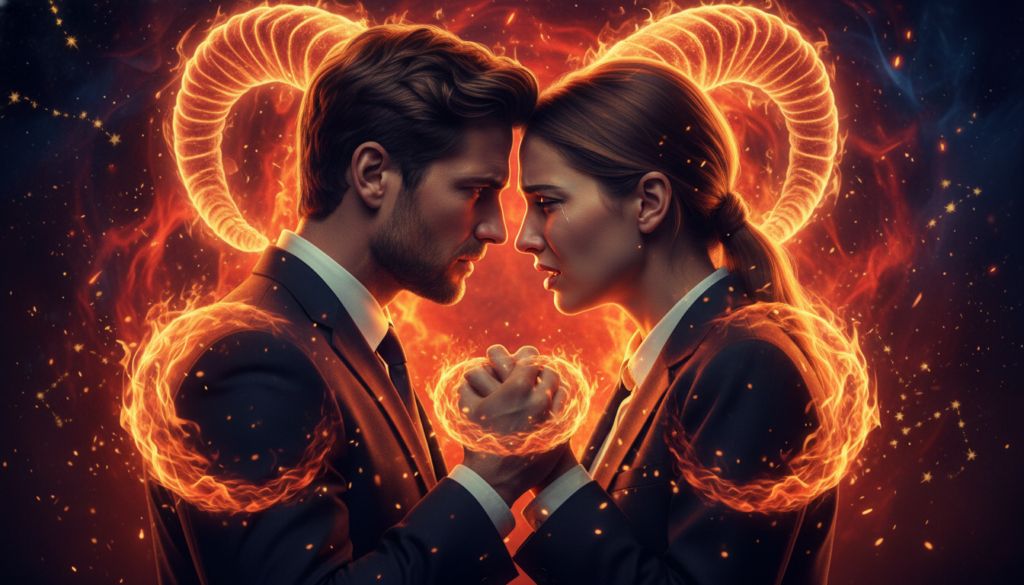 A dramatic depiction of emotional intensity, illustrating the powerful connection between two figures representing Aries. In the foreground, two individuals stand close together, their expressions a mix of passion and turmoil, dressed in professional attire. The middle ground features swirling flames in vibrant oranges and deep reds, symbolizing both attraction and destruction, while ethereal sparks dance around them. In the background, a blurred landscape of abstract constellations and starry skies signifies the celestial influence of the Aries sign. The lighting is warm and moody, with illuminated highlights on their faces, casting dramatic shadows that enhance the emotional weight of the scene. The overall atmosphere conveys a blend of fiery passion and underlying tension.