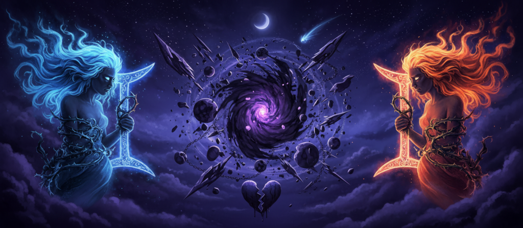 A dramatic illustration depicting the concept of "signos" in relation to toxic relationships involving Gemini. In the foreground, a pair of connected zodiac symbols for Gemini, illustrated with intricate details and a glowing aura, symbolizing duality and conflict. In the middle ground, a chaotic swirl of astrological elements like stars and planets, representing emotional turmoil and relationship tension. The background features a starry night sky with deep blues and purples, casting an ethereal glow. Soft lighting highlights the contrast between the bright Zodiac signs and the darker background, creating a mood of conflict and introspection. The composition captures the essence of compatibility issues in relationships, focusing on the intensity and complexity associated with Gemini connections. A dramatic illustration depicting the concept of "signos" in relation to toxic relationships involving Gemini. In the foreground, a pair of connected zodiac symbols for Gemini, illustrated with intricate details and a glowing aura, symbolizing duality and conflict. In the middle ground, a chaotic swirl of astrological elements like stars and planets, representing emotional turmoil and relationship tension. The background features a starry night sky with deep blues and purples, casting an ethereal glow. Soft lighting highlights the contrast between the bright Zodiac signs and the darker background, creating a mood of conflict and introspection. The composition captures the essence of compatibility issues in relationships, focusing on the intensity and complexity associated with Gemini connections.