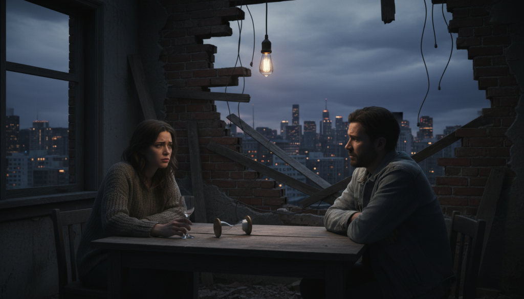 A dramatic representation of intense and challenging relationships, focusing on the theme of lack of commitment or stability. In the foreground, a couple sits at a dimly lit table, their expressions conveying conflict and uncertainty, dressed in modest casual clothing. In the middle ground, a partially collapsed wall symbolizes broken connections, with shadows casting depth and tension. The background features a city skyline under a cloudy, twilight sky, enhancing the mood of discord and complexity. The lighting is soft yet moody, emphasizing highlights on their thoughtful faces and deep shadows, creating an atmosphere that combines passion with emotional struggle. Use a slightly tilted angle to evoke a sense of imbalance.